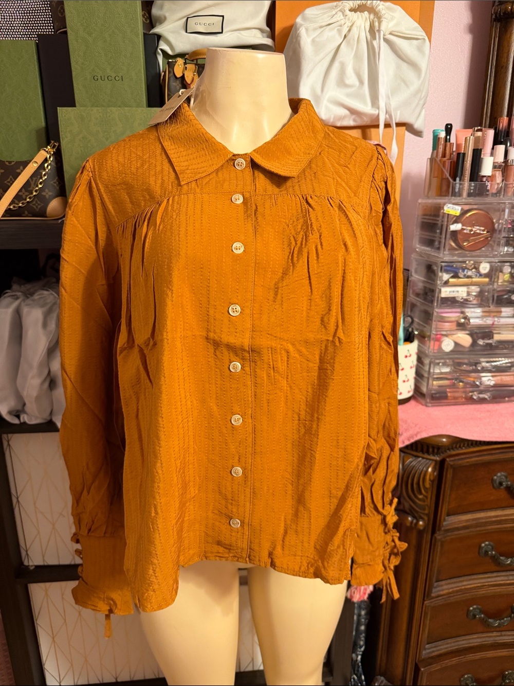 Blu Pepper Rustic Orange Button-Down Textured Blouse